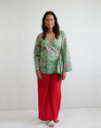 Front view of the Boodja print wrap top by Indigenous fashion brand Kirrikin
