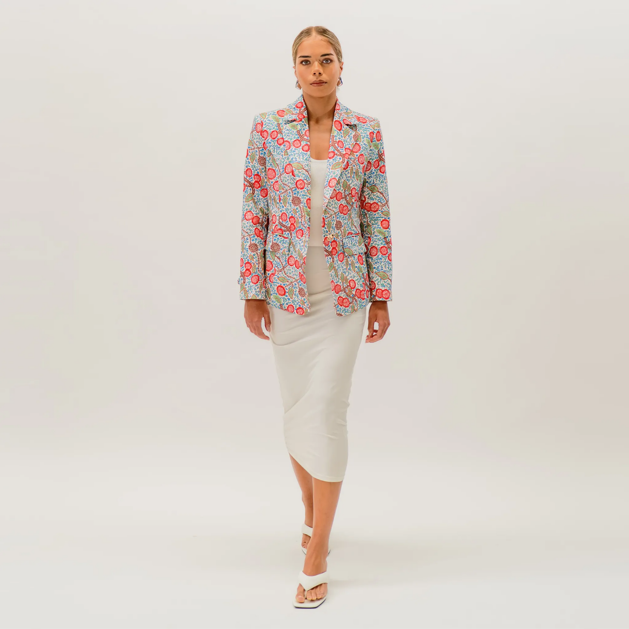 Premium women's jacket featuring Bushtucker artwork by Sally White inspired by Australia's native landscape