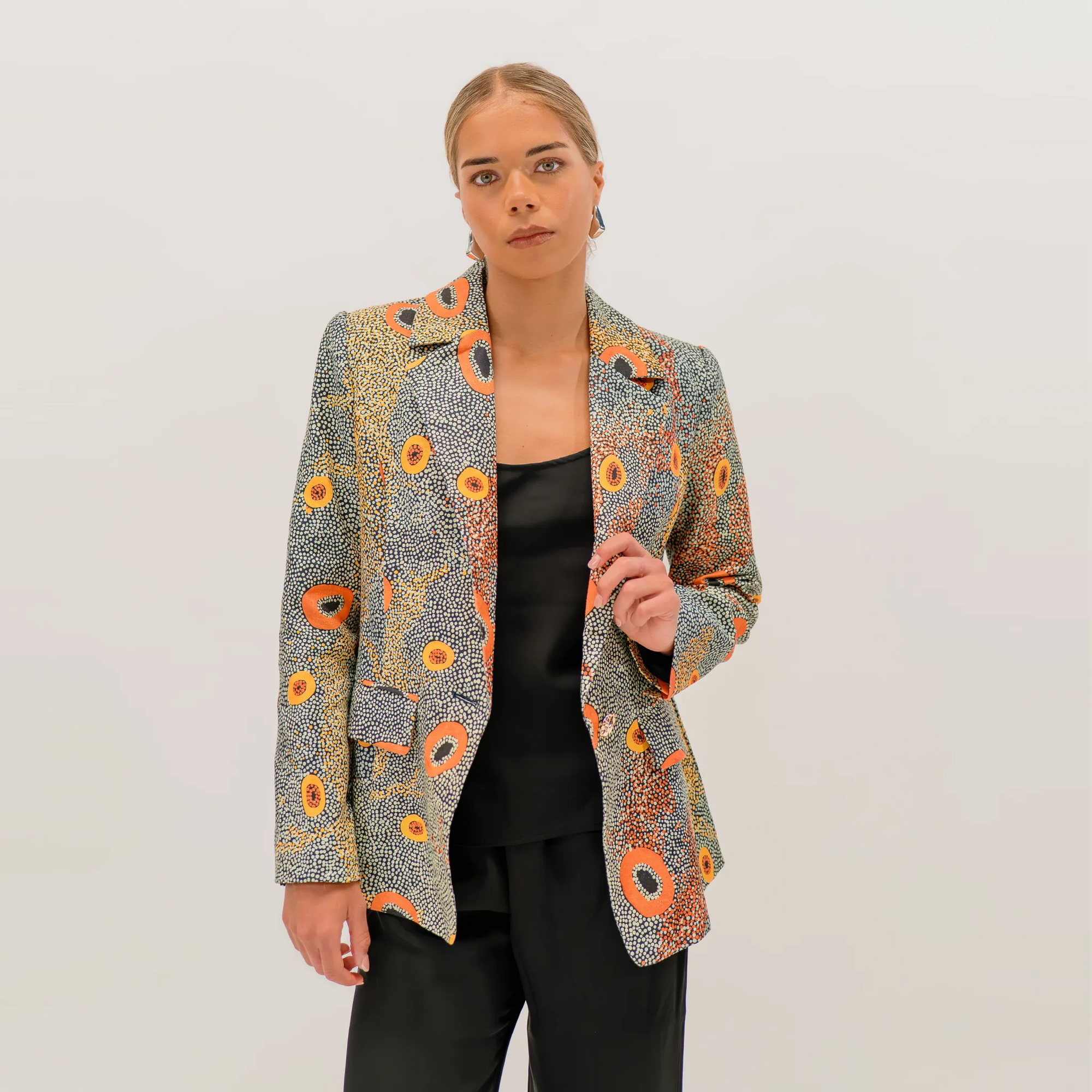 Premium women's Australian art jacket with Dry Country print created by Sheryl Hicks