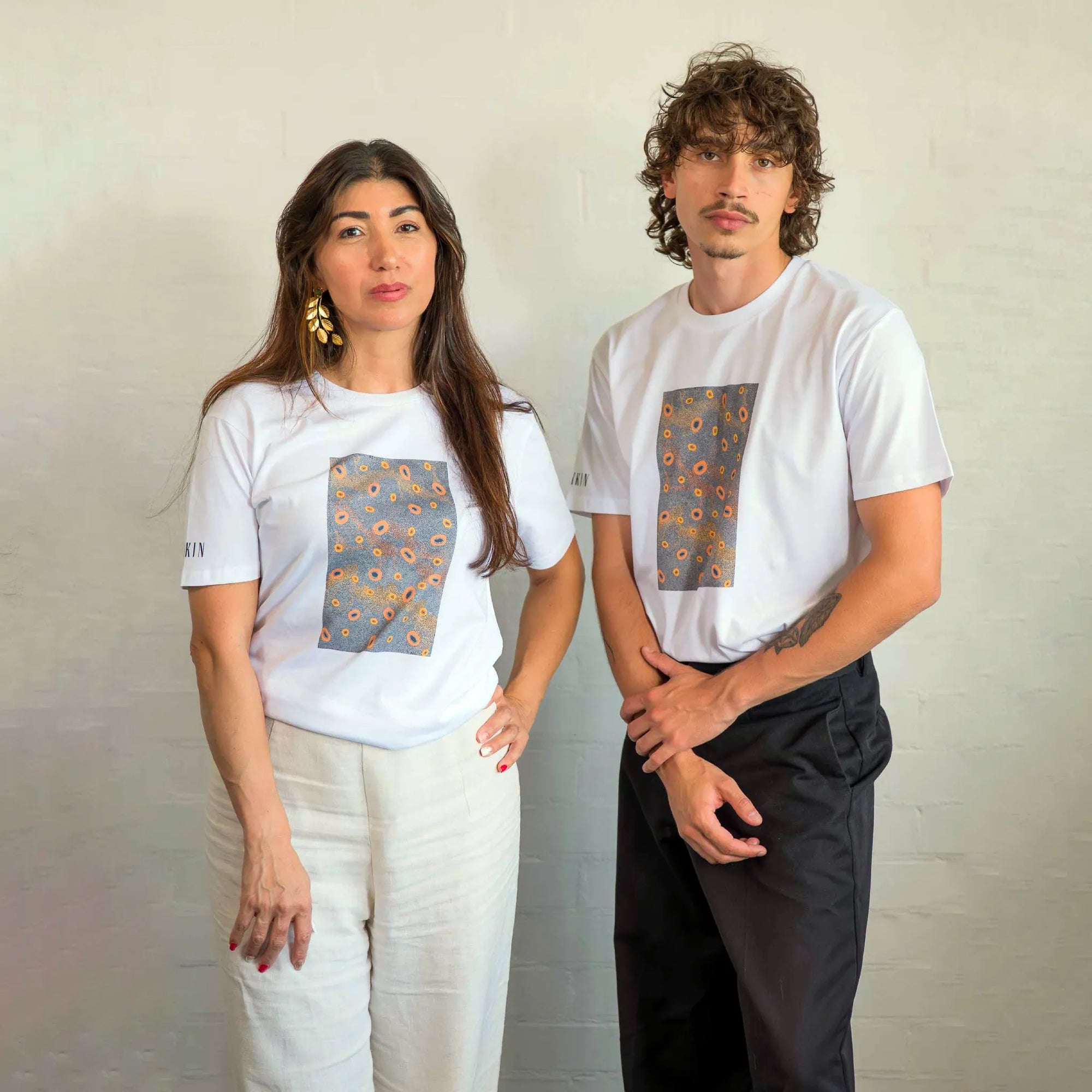 Casual unisex crewneck t-shirt with vibrant Australian Indigenous Dry Country art print for everyday wear.