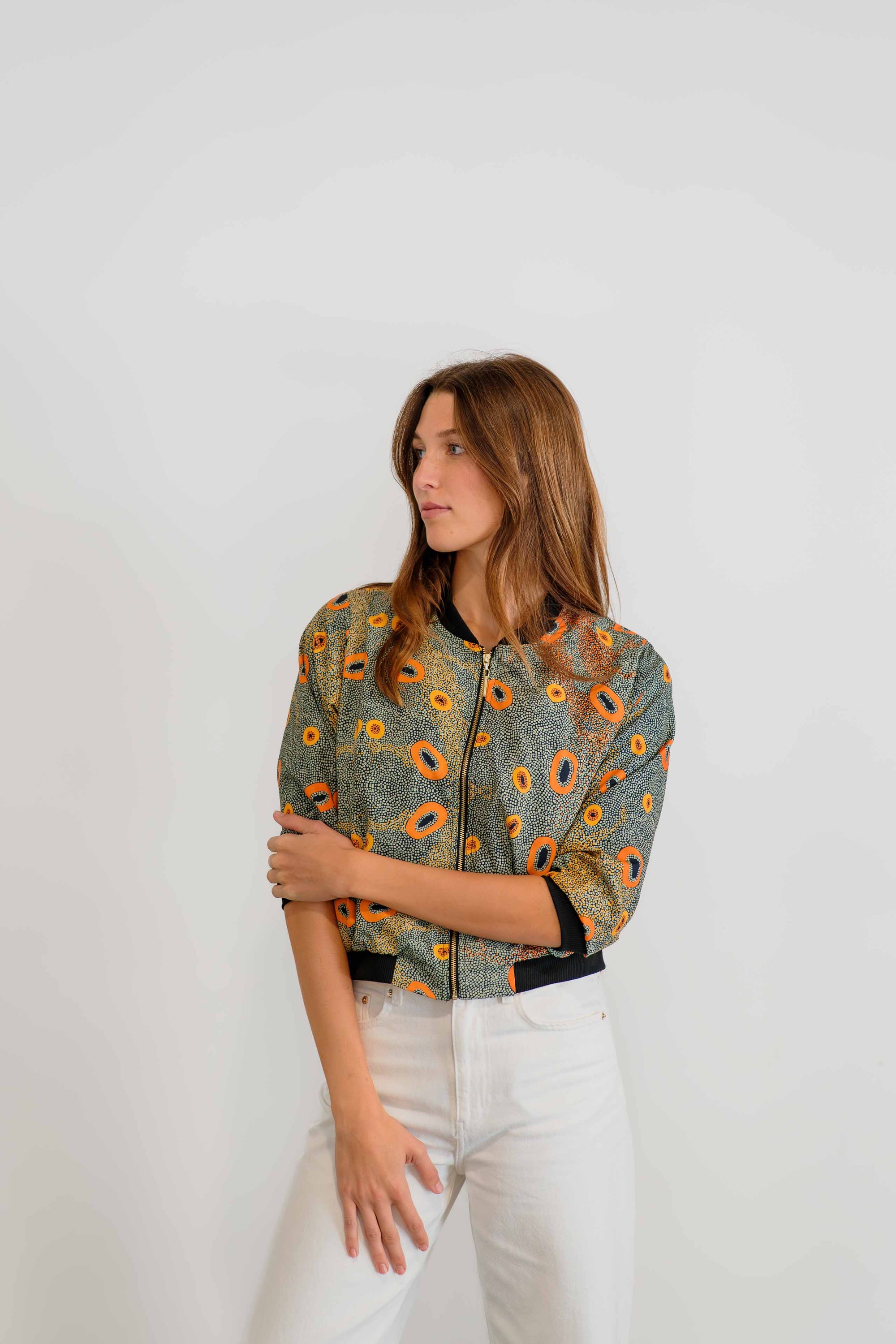 Dry Country Bomber Jacket | Women's 3/4 Sleeve Silk Mango Jacket- Artwork by Sheryl Hicks