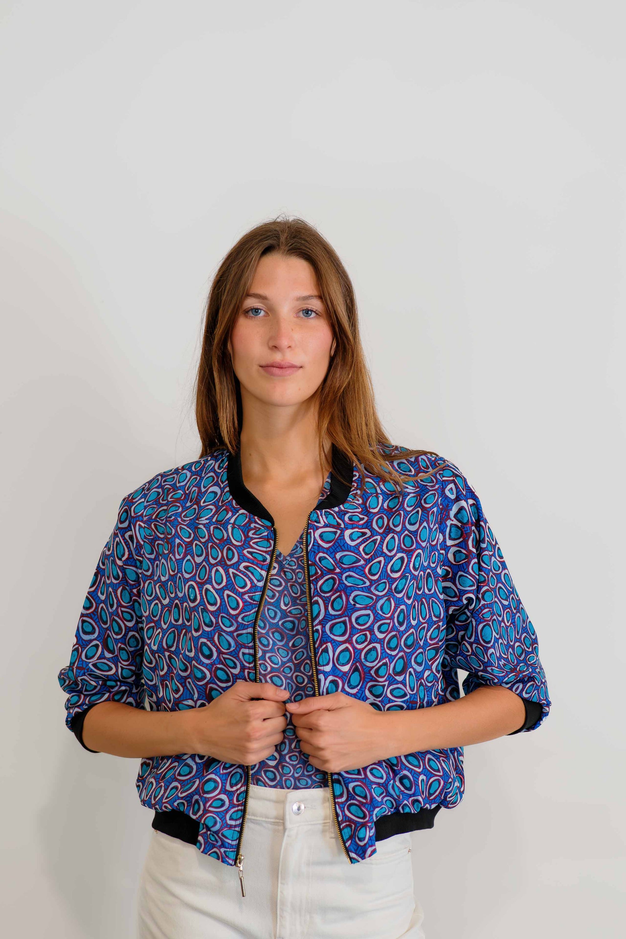 Pilbara Wildflowers Bomber Jacket | Women's 3/4 Sleeve Statement Jacket - Artwork by Carol Martin
