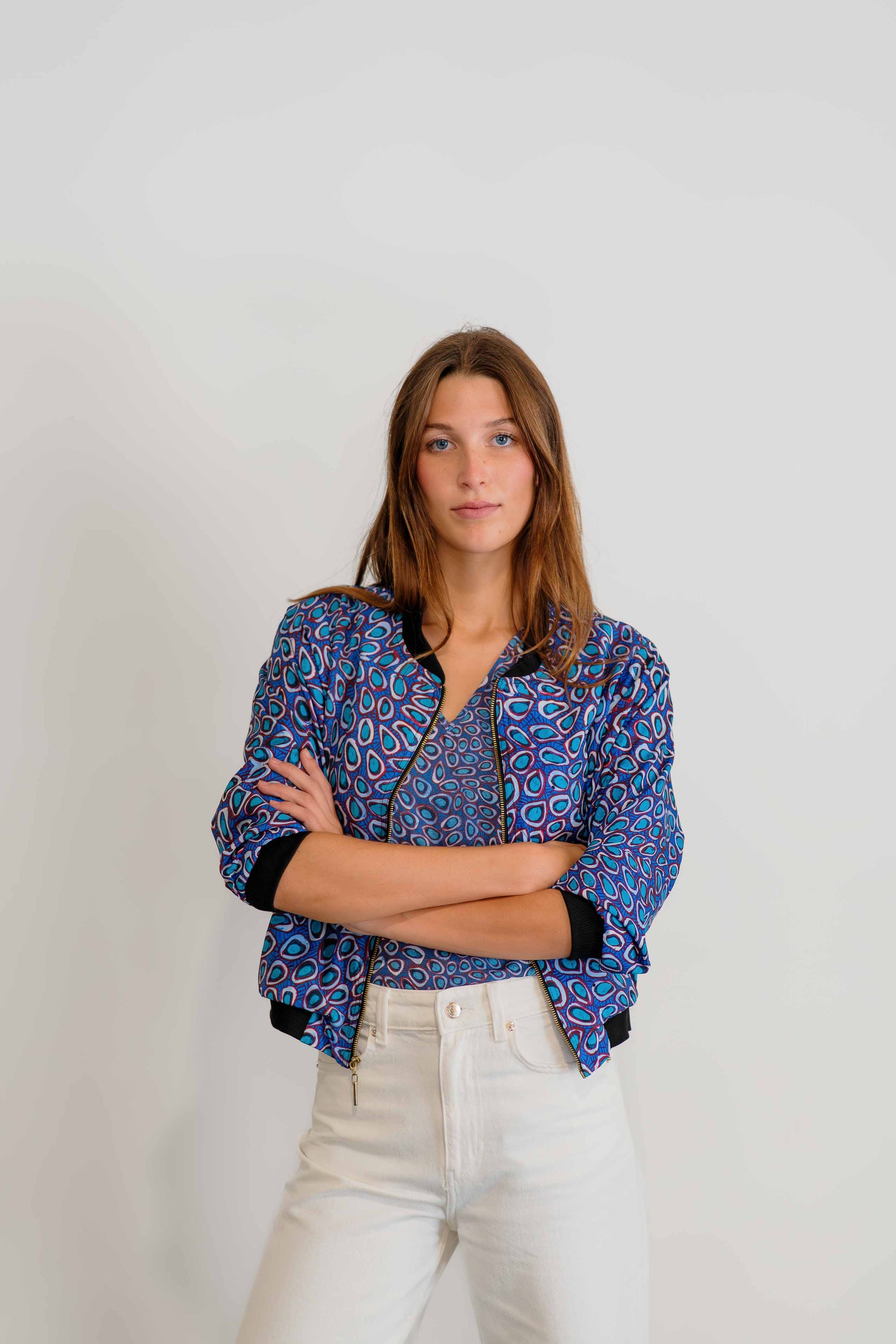 Pilbara Wildflowers Bomber Jacket | Women's 3/4 Sleeve Statement Jacket - Artwork by Carol Martin