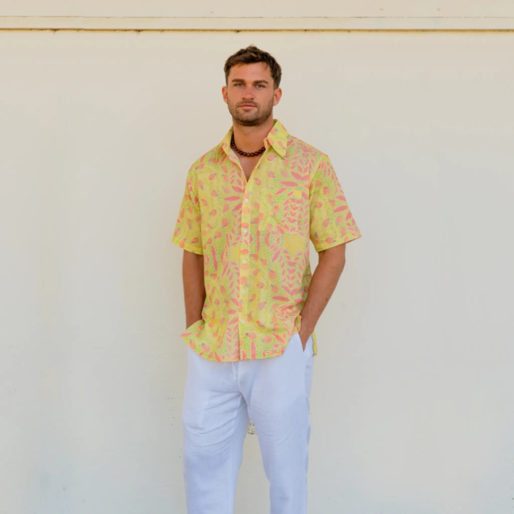 Men's Short Sleeve Honey Ants shirt featuring authentic First Nations artwork by Sally White for Kirrikin.