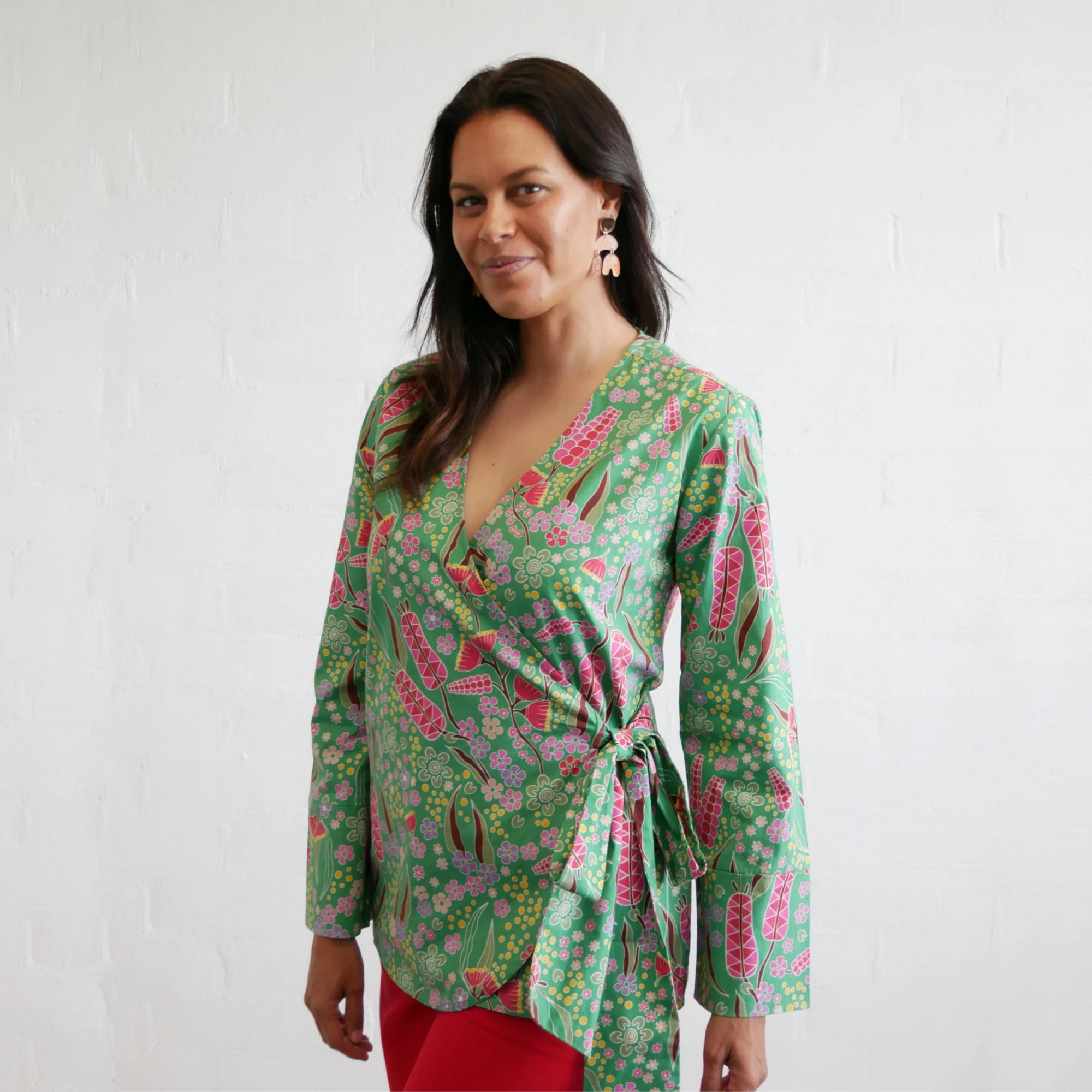 Kirrikin Boodja wrap blouse featuring Indigenous artwork by Buffie Punch