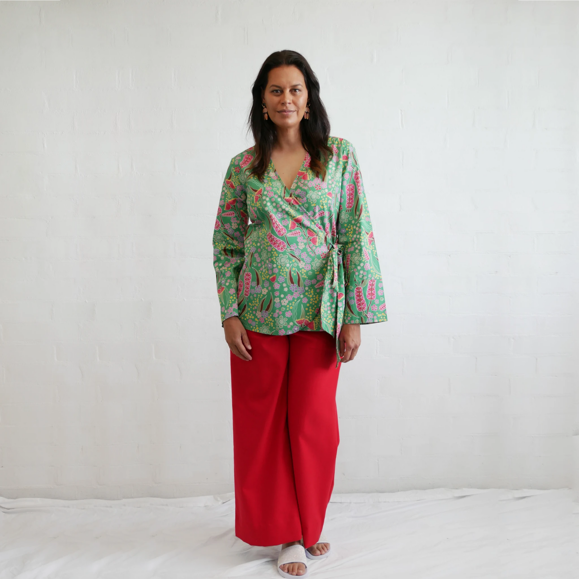 Front view of the Boodja print wrap top by Indigenous fashion brand Kirrikin